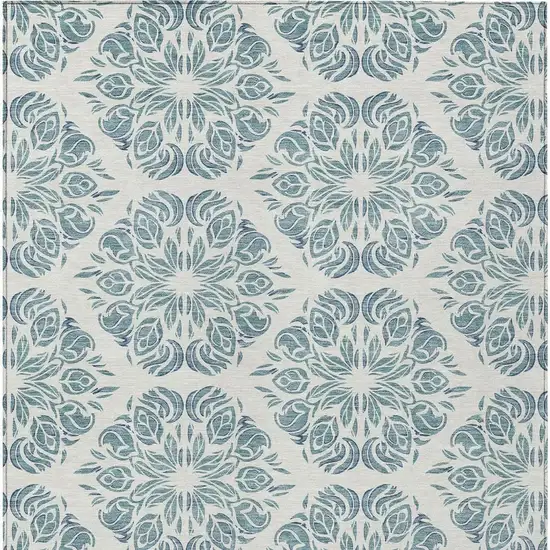 Teal Blue And Ivory Damask Washable Indoor Outdoor Area Rug Photo 3