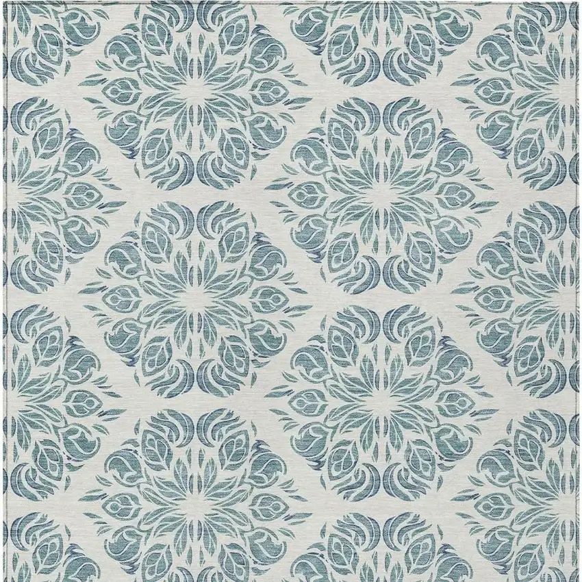 Teal Blue And Ivory Damask Washable Indoor Outdoor Area Rug Photo 3