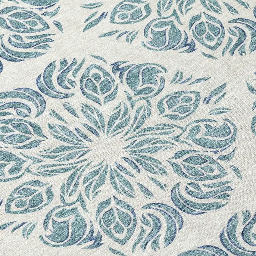 Teal Blue And Ivory Damask Washable Indoor Outdoor Area Rug Photo 9