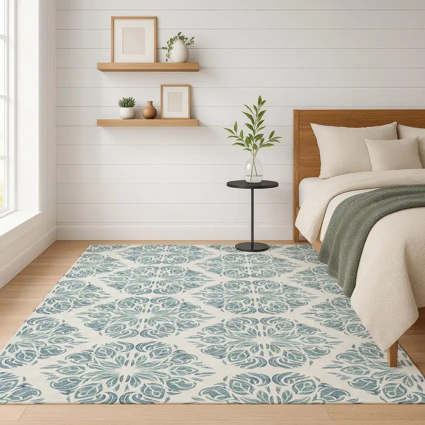 Teal Blue And Ivory Damask Washable Indoor Outdoor Area Rug Photo 6