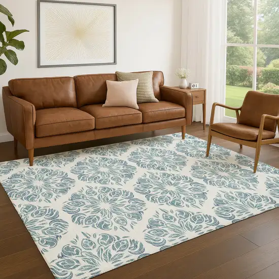 Teal Blue And Ivory Damask Washable Indoor Outdoor Area Rug Photo 5