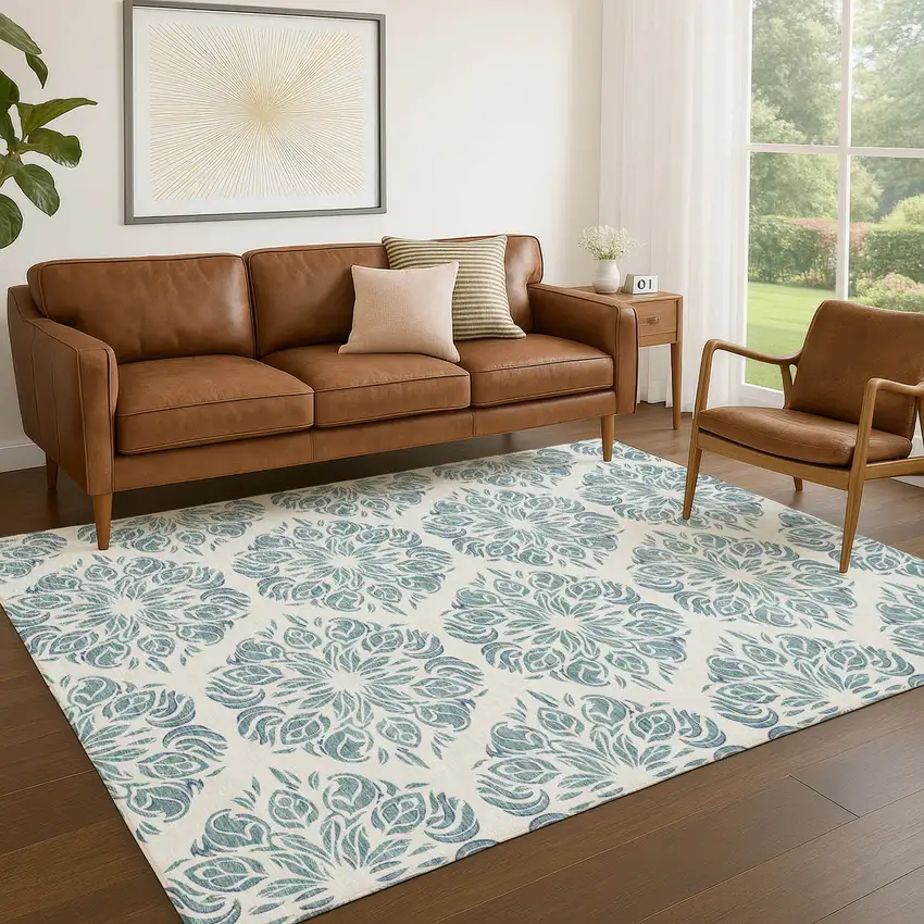 Teal Blue And Ivory Damask Washable Indoor Outdoor Area Rug Photo 5