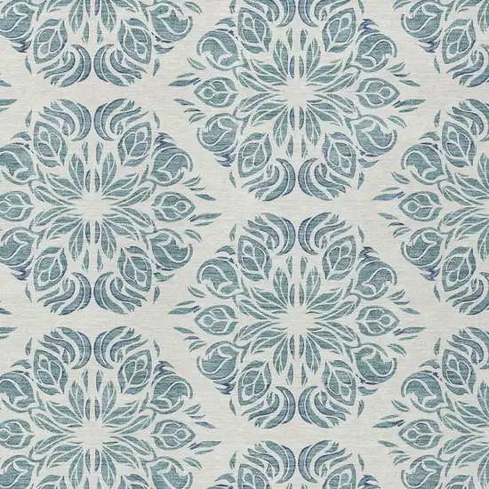 Teal Blue And Ivory Damask Washable Indoor Outdoor Area Rug Photo 2