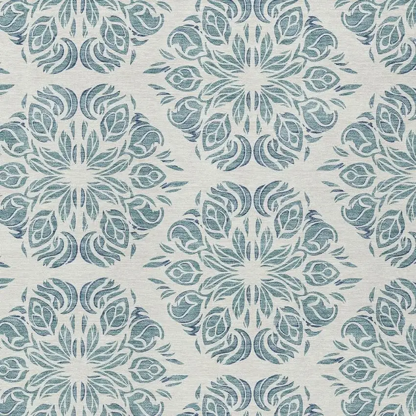 Teal Blue And Ivory Damask Washable Indoor Outdoor Area Rug Photo 2