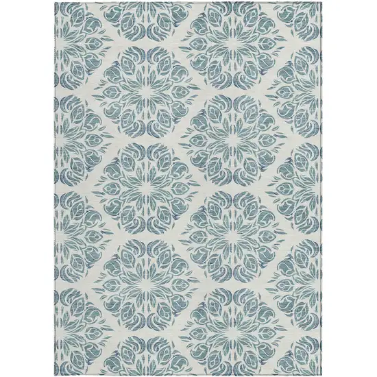 Teal Blue And Ivory Damask Washable Indoor Outdoor Area Rug Photo 3