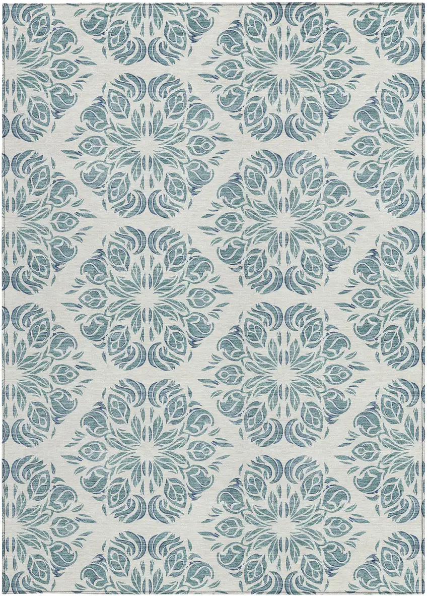 Teal Blue And Ivory Damask Washable Indoor Outdoor Area Rug Photo 3