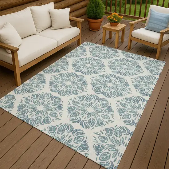Teal Blue And Ivory Damask Washable Indoor Outdoor Area Rug Photo 4