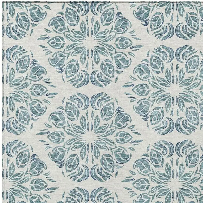 Teal Blue And Ivory Damask Washable Indoor Outdoor Area Rug Photo 2