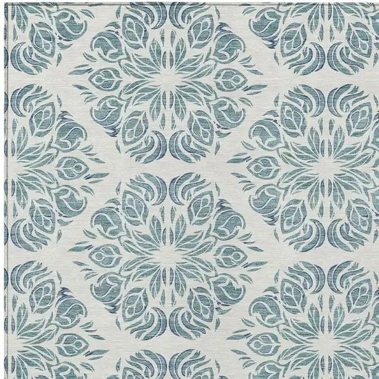 Teal Blue And Ivory Damask Washable Indoor Outdoor Area Rug Photo 2