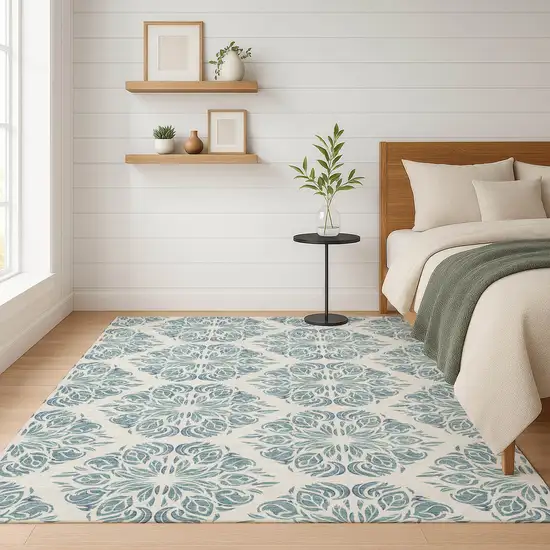Teal Blue And Ivory Damask Washable Indoor Outdoor Area Rug Photo 6