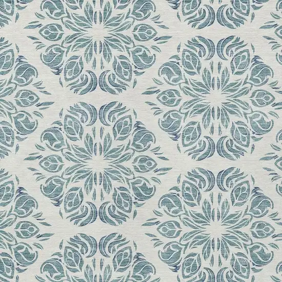 Teal Blue And Ivory Damask Washable Indoor Outdoor Area Rug Photo 2