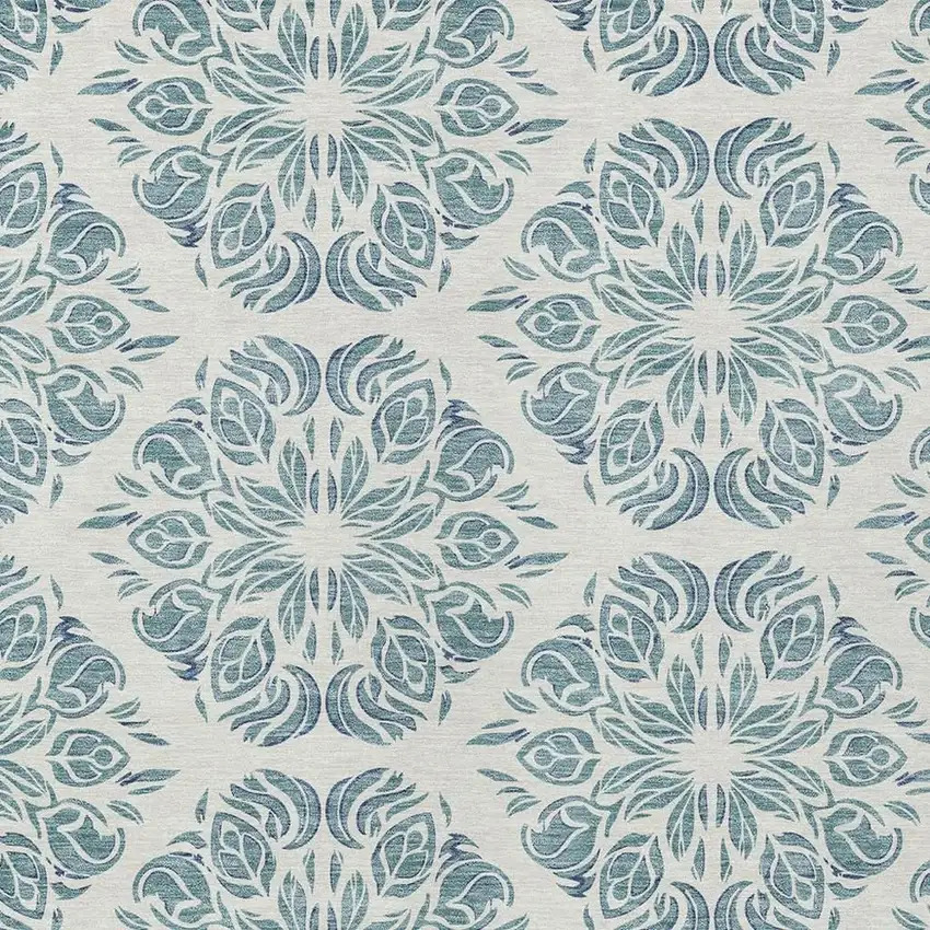 Teal Blue And Ivory Damask Washable Indoor Outdoor Area Rug Photo 2