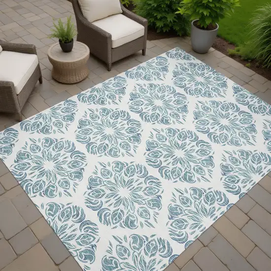 Teal Blue And Ivory Damask Washable Indoor Outdoor Area Rug Photo 7