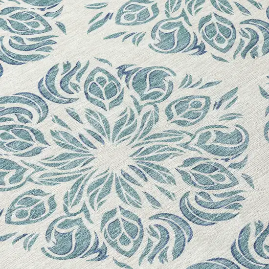 Teal Blue And Ivory Damask Washable Indoor Outdoor Area Rug Photo 9