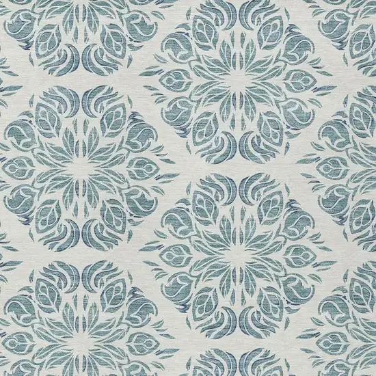 Teal Blue And Ivory Damask Washable Indoor Outdoor Area Rug Photo 2