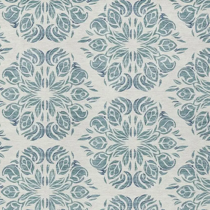 Teal Blue And Ivory Damask Washable Indoor Outdoor Area Rug Photo 2