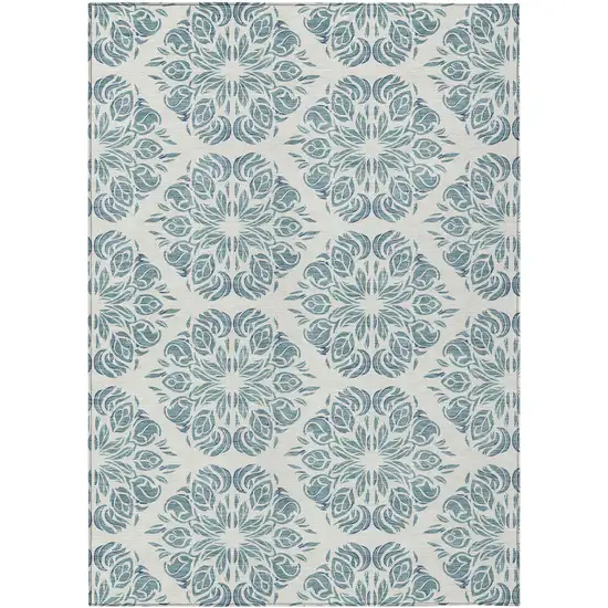 Teal Blue And Ivory Damask Washable Indoor Outdoor Area Rug Photo 1
