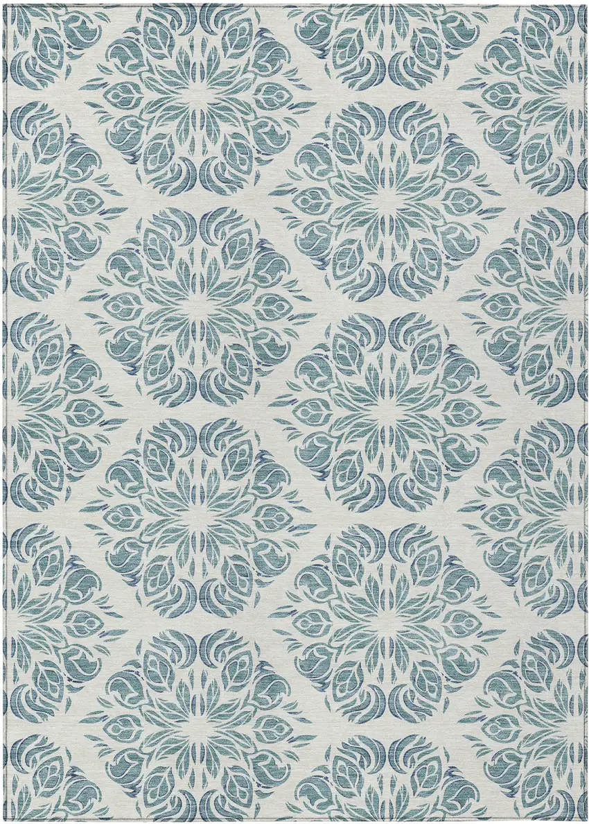 Teal Blue And Ivory Damask Washable Indoor Outdoor Area Rug Photo 1