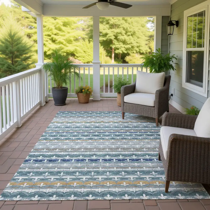 Teal Blue And Ivory Damask Washable Indoor Outdoor Area Rug Photo 4