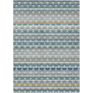 Photo of Teal Blue And Ivory Damask Washable Indoor Outdoor Area Rug