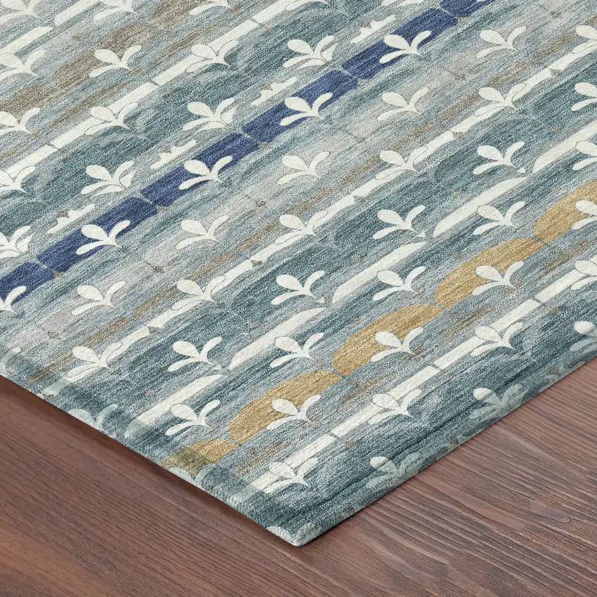 Teal Blue And Ivory Damask Washable Indoor Outdoor Area Rug Photo 8