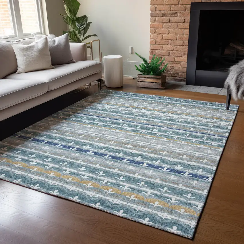 Teal Blue And Ivory Damask Washable Indoor Outdoor Area Rug Photo 5