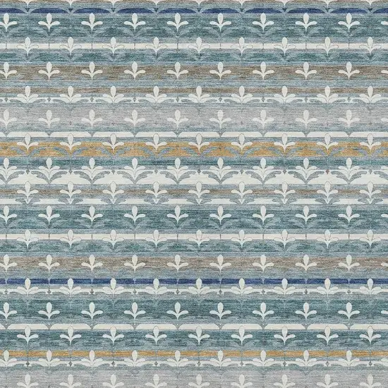 Teal Blue And Ivory Damask Washable Indoor Outdoor Area Rug Photo 2