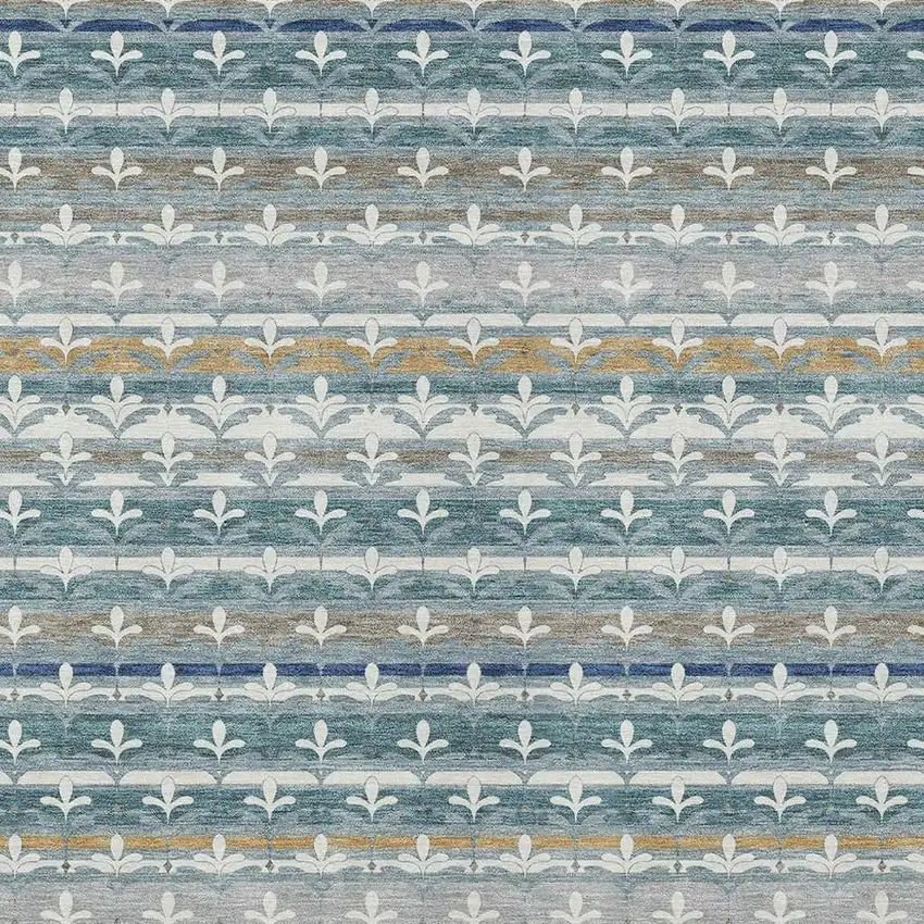 Teal Blue And Ivory Damask Washable Indoor Outdoor Area Rug Photo 2