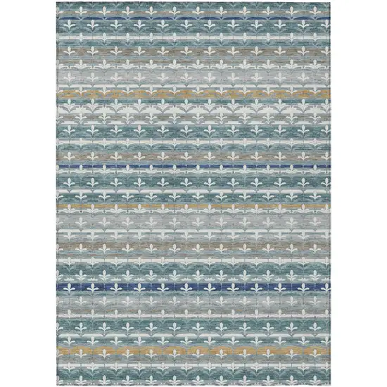 Teal Blue And Ivory Damask Washable Indoor Outdoor Area Rug Photo 1