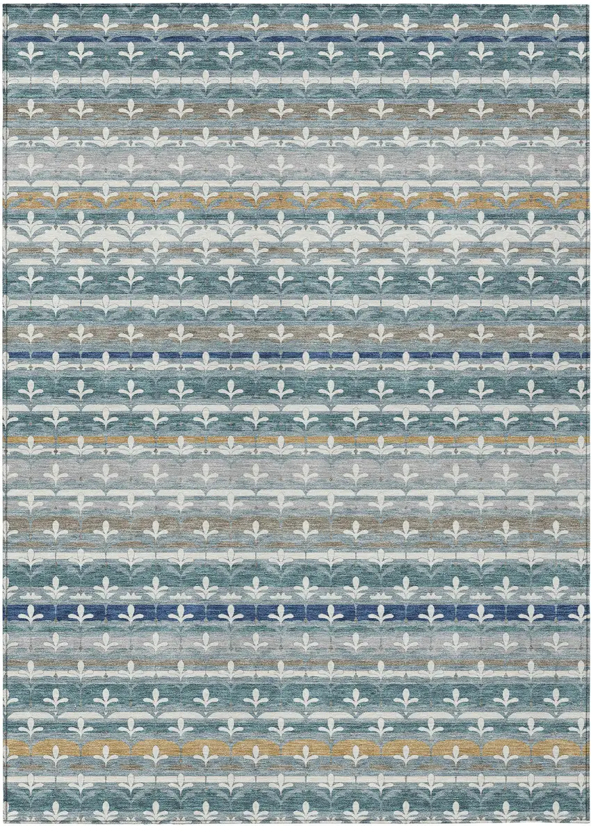 Teal Blue And Ivory Damask Washable Indoor Outdoor Area Rug Photo 1