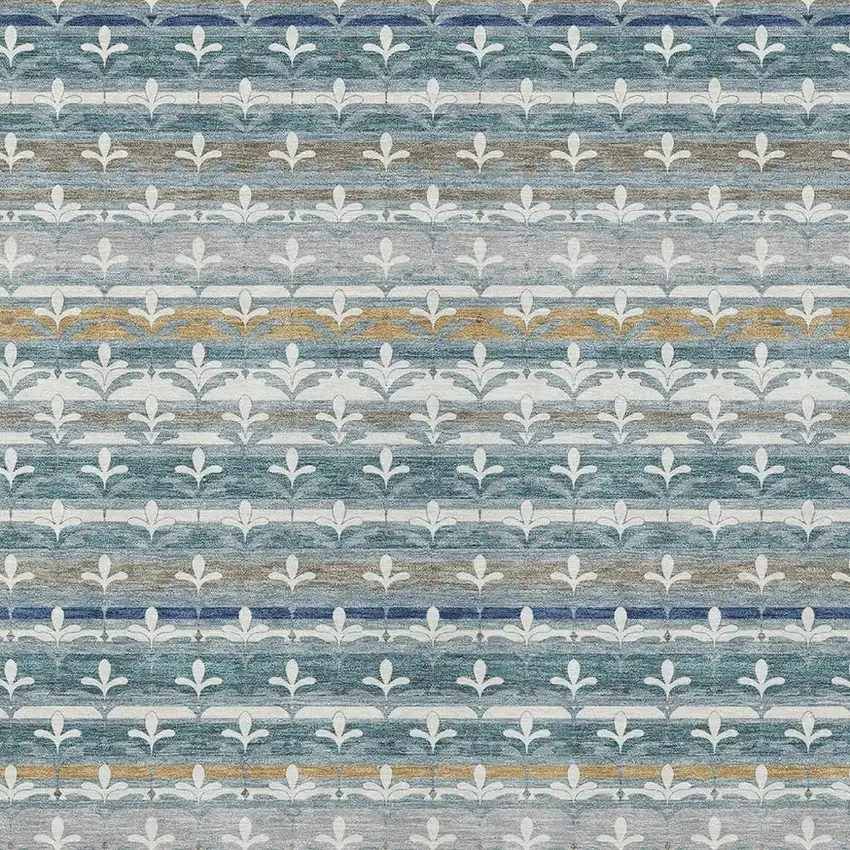 Teal Blue And Ivory Damask Washable Indoor Outdoor Area Rug Photo 2