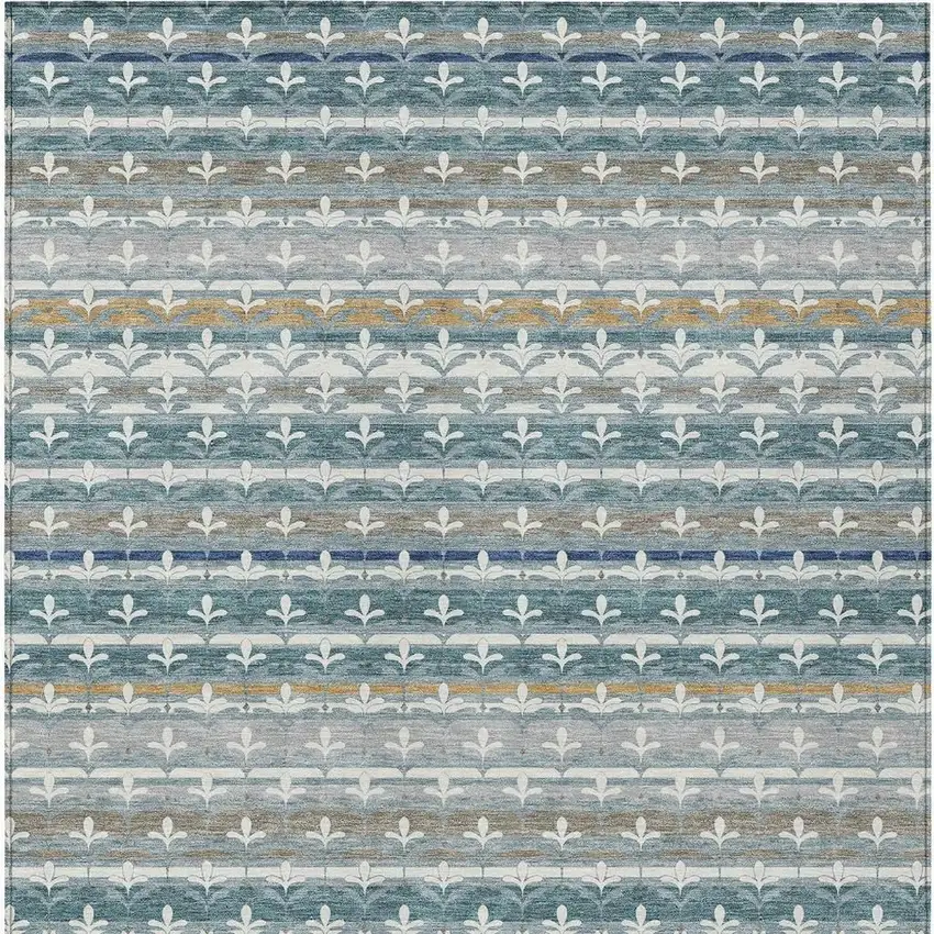 Teal Blue And Ivory Damask Washable Indoor Outdoor Area Rug Photo 3