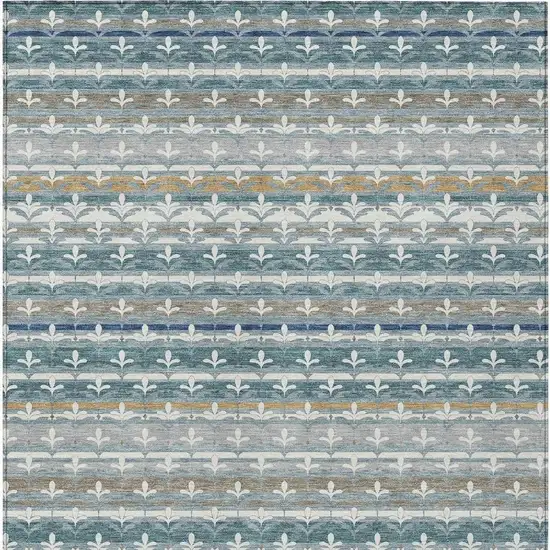 Teal Blue And Ivory Damask Washable Indoor Outdoor Area Rug Photo 3
