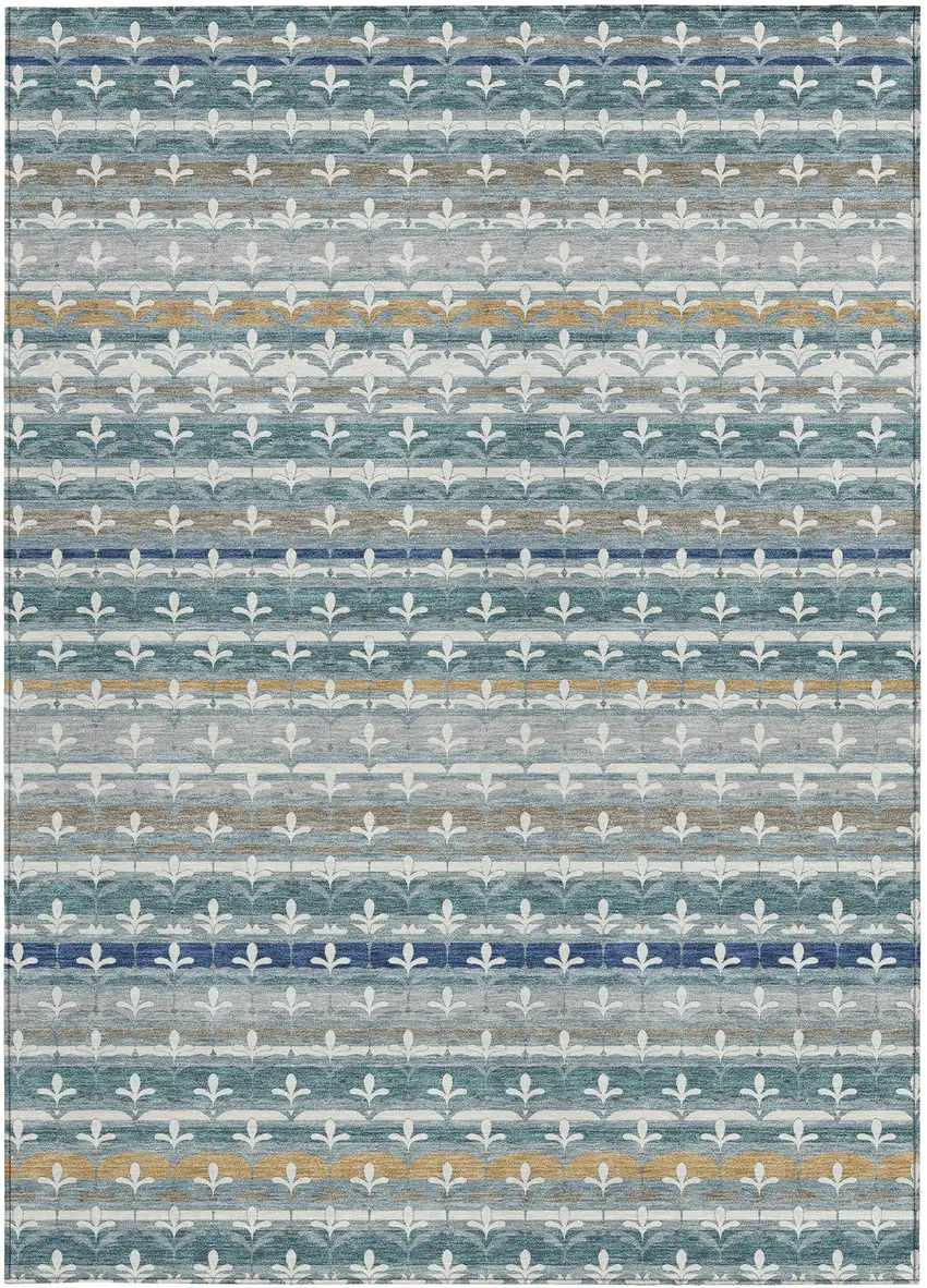 Teal Blue And Ivory Damask Washable Indoor Outdoor Area Rug Photo 3