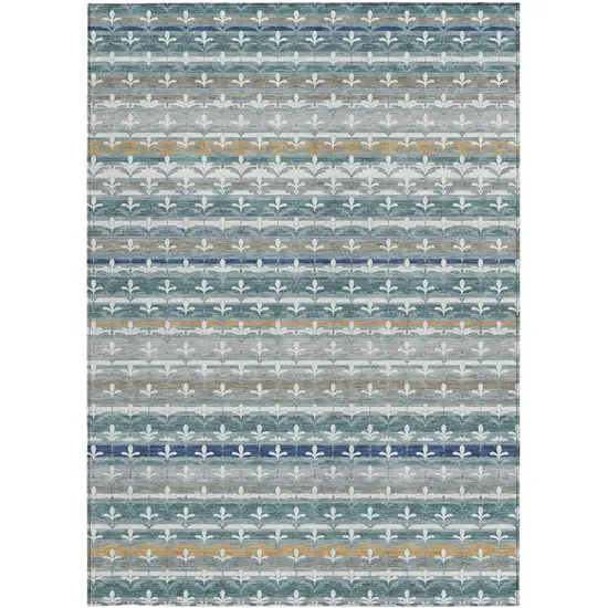 Teal Blue And Ivory Damask Washable Indoor Outdoor Area Rug Photo 3