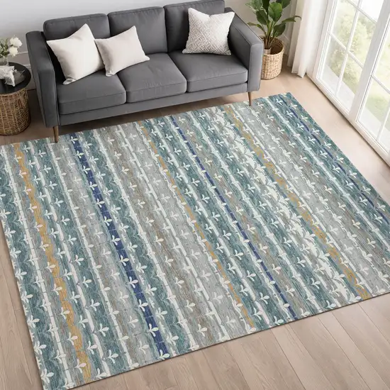 Teal Blue And Ivory Damask Washable Indoor Outdoor Area Rug Photo 6
