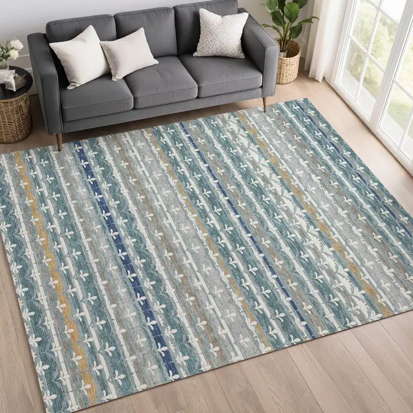 Teal Blue And Ivory Damask Washable Indoor Outdoor Area Rug Photo 6