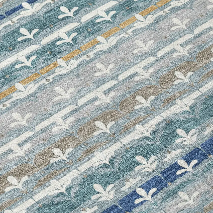 Teal Blue And Ivory Damask Washable Indoor Outdoor Area Rug Photo 9