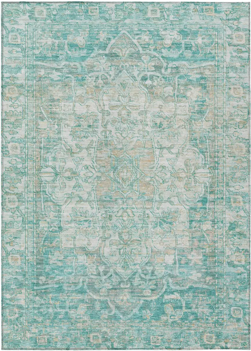 Teal Blue And Ivory Floral Medallion Washable Indoor Outdoor Area Rug Photo 1