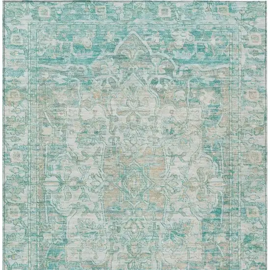 Teal Blue And Ivory Floral Medallion Washable Indoor Outdoor Area Rug Photo 4