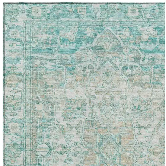 Teal Blue And Ivory Floral Medallion Washable Indoor Outdoor Area Rug Photo 3