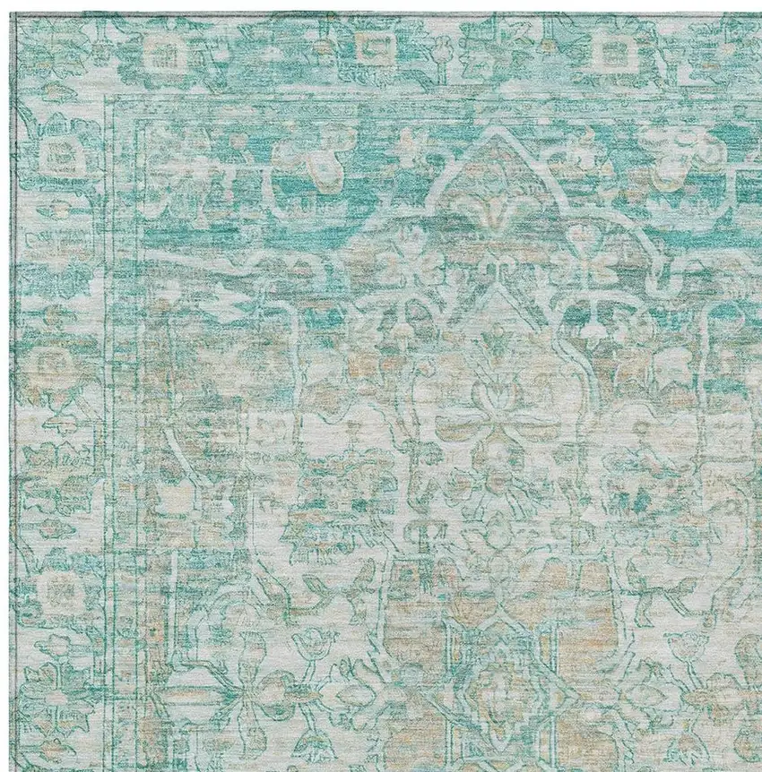 Teal Blue And Ivory Floral Medallion Washable Indoor Outdoor Area Rug Photo 3