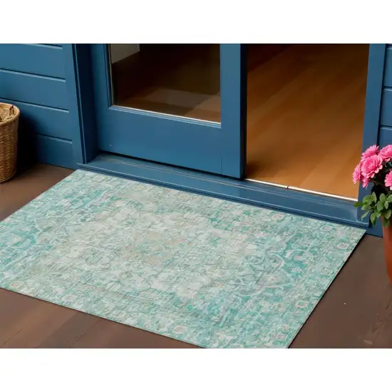 Teal Blue And Ivory Floral Medallion Washable Indoor Outdoor Area Rug Photo 2