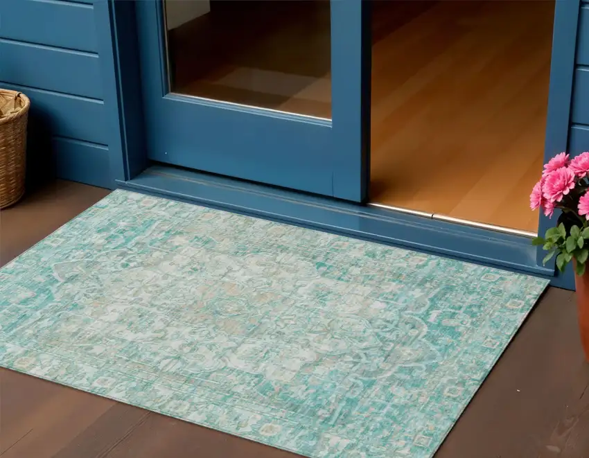 Teal Blue And Ivory Floral Medallion Washable Indoor Outdoor Area Rug Photo 2