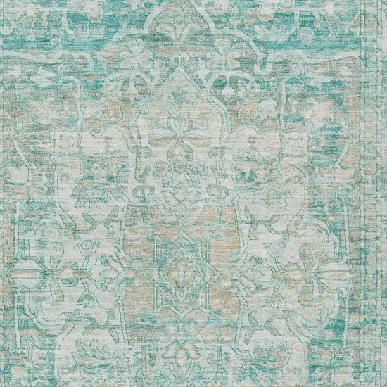 Teal Blue And Ivory Floral Medallion Washable Indoor Outdoor Area Rug Photo 3