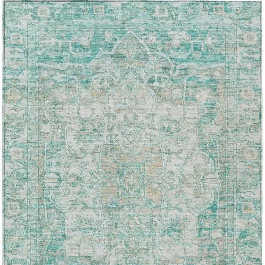 Teal Blue And Ivory Floral Medallion Washable Indoor Outdoor Area Rug Photo 4