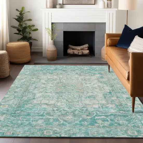Teal Blue And Ivory Floral Medallion Washable Indoor Outdoor Area Rug Photo 6