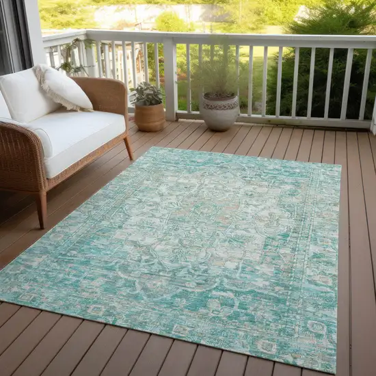 Teal Blue And Ivory Floral Medallion Washable Indoor Outdoor Area Rug Photo 5