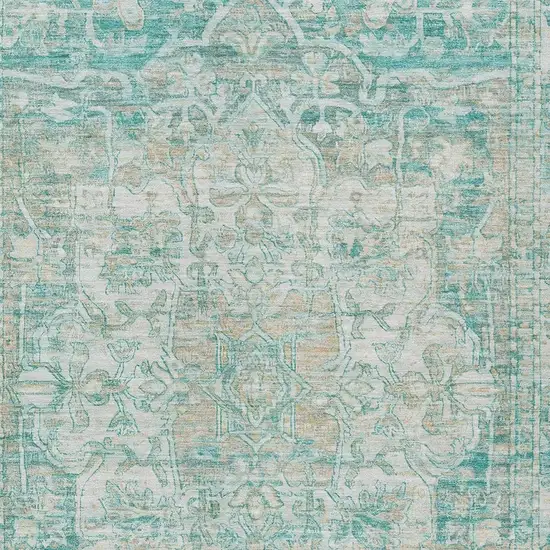 Teal Blue And Ivory Floral Medallion Washable Indoor Outdoor Area Rug Photo 4