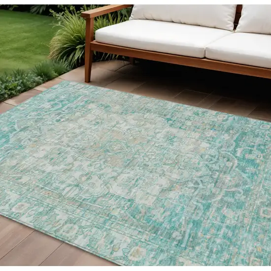 Teal Blue And Ivory Floral Medallion Washable Indoor Outdoor Area Rug Photo 2